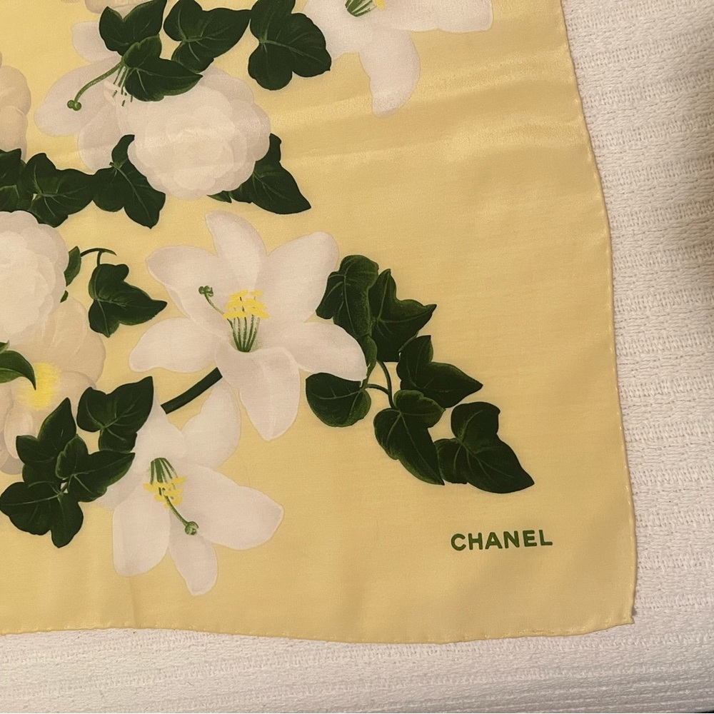 Chanel silk scarf in like new condition 34.6” x 33.8” soft yello, dark gr, white - Picture 2 of 3
